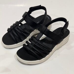 Clarks Cloudsteppers Cushion Soft Black and White Strappy Wedge Sandals